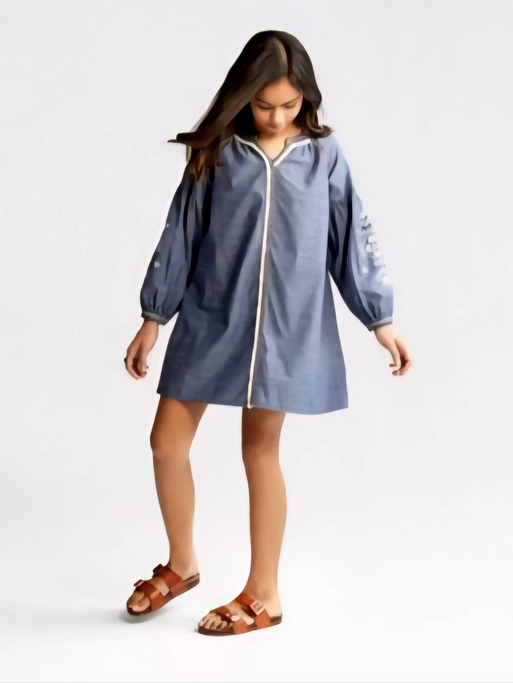 Art Class Girls Size S 6/6X Embroidered Chambray Dress Boho Peasant Cotton
